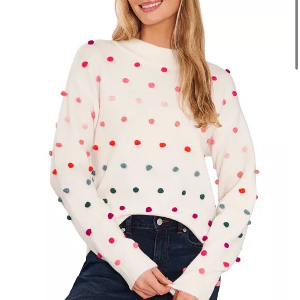 CeCe Mock Neck Rainbow Pom Pom Sweater